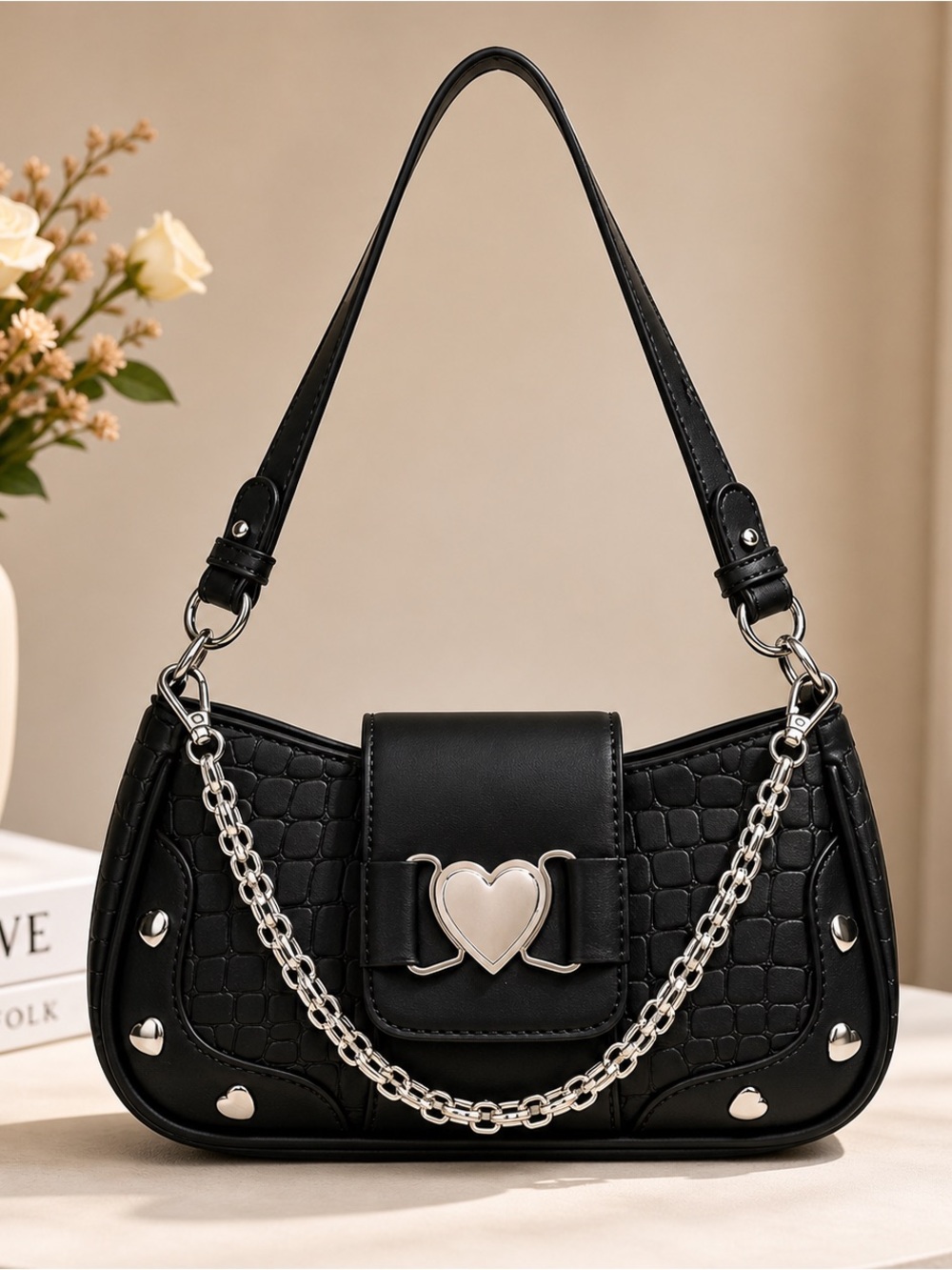 Black Y2K Heart Chain Shoulder Bag | Croc Embossed Silver Hardware Mini Purse